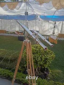 Vintage Antique Brass Nautical Floor Telescope With Wooden Tripod Stand Classic