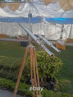 Vintage Antique Brass Nautical Floor Telescope With Wooden Tripod Stand Classic
