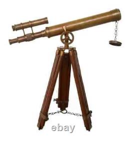 Vintage Antique Brass Telescope Spyglass Double Barrel with wooden tripod stand