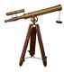Vintage Antique Brass Telescope Spyglass Double Barrel With Wooden Tripod Stand