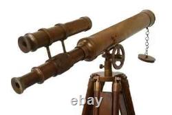 Vintage Antique Brass Telescope Spyglass Double Barrel with wooden tripod stand