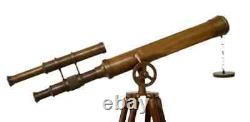 Vintage Antique Brass Telescope Spyglass Double Barrel with wooden tripod stand