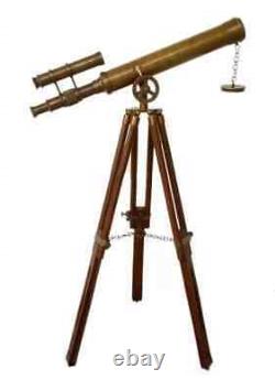 Vintage Antique Brass Telescope Spyglass Double Barrel with wooden tripod stand