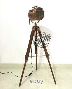 Vintage Antique Copper Finish Tripod Lamp Searchlight with Wood Stand Sea L