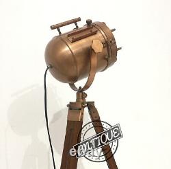 Vintage Antique Copper Finish Tripod Lamp Searchlight with Wood Stand Sea L