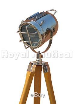 Vintage Antique Finish Nautical Tripod Floor Lamp Spotlight Wooden Searchlight