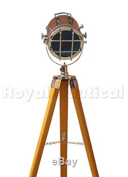 Vintage Antique Finish Nautical Tripod Floor Lamp Spotlight Wooden Searchlight