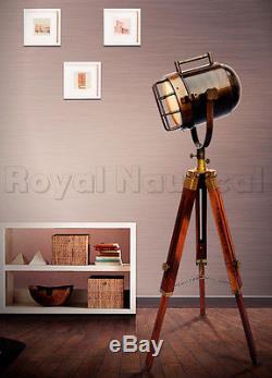 Vintage Antique Finish Shaded Wooden Tripod Spot Light Lighting Floor Lamp
