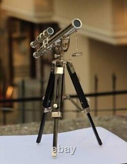 Vintage Antique NauticalBrass Telescope With Wooden Tripod Spyglass Balcony View