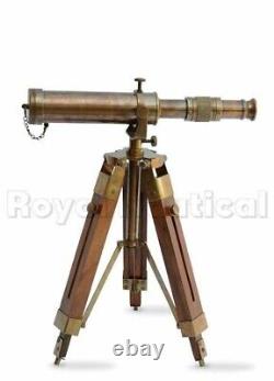 Vintage Antique Nautical Solid Brass Telescope with Wooden Tripod Gift Decorative