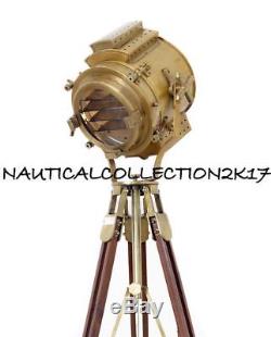 Vintage Antique Nautical Studio Spot Search Light With Wooden Tripod Floor Lamp