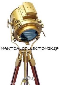 Vintage Antique Nautical Studio Spot Search Light With Wooden Tripod Floor Lamp