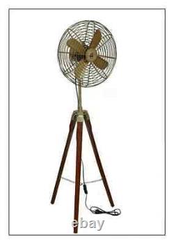 Vintage Antique Style Brass Floor Fan With Adjustable Wooden Tripod Home Decor