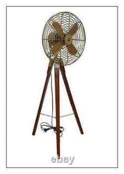 Vintage Antique Style Brass Floor Fan With Adjustable Wooden Tripod Home Decor