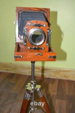 Vintage Antique Style Old Projector Camera With Tripod Wooden Stand Home Decor