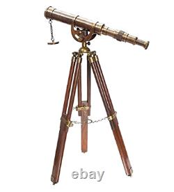 Vintage Antique Telescope Brass Nautical Heavy Wooden Tripod Stand Collectible