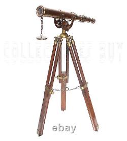 Vintage Antique Telescope Brass Nautical Heavy Wooden Tripod Stand Collectible