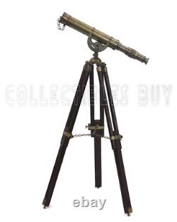 Vintage Antique Telescope Brass Nautical Heavy Wooden Tripod Stand Collectible