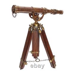 Vintage Antique Telescope Brass Nautical Heavy Wooden Tripod Stand Collectible
