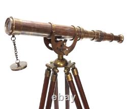 Vintage Antique Telescope Brass Nautical Heavy Wooden Tripod Stand Collectible