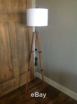 Vintage Antique Tripod Floor Wooden Survey Oak Industrial Studio Office Lamp