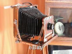 Vintage Antique Wooden 5x7 Field Camera With Hugo Meyer Lens and Wooden Tripod