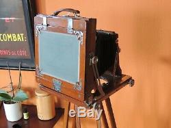 Vintage Antique Wooden 5x7 Field Camera With Hugo Meyer Lens and Wooden Tripod