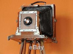 Vintage Antique Wooden Field Camera With Hugo Meyer Lens and Wooden Tripod