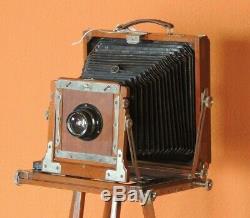 Vintage Antique Wooden Field Camera With Hugo Meyer Lens and Wooden Tripod