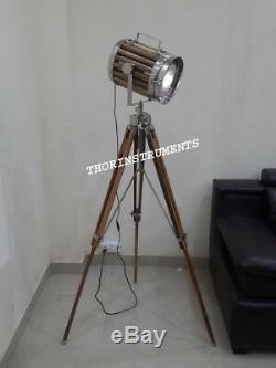 Vintage Authentic Nautical Spot Light Floor Lamp With Wooden Tripod Stand