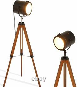 Vintage Black Tripod Floor Table Lamp Modern Adjustable Height Wooden Nautical