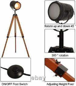Vintage Black Tripod Floor Table Lamp Modern Adjustable Height Wooden Nautical
