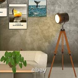 Vintage Black Tripod Floor Table Lamp Modern Adjustable Height Wooden Nautical