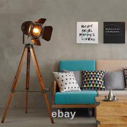 Vintage Black Wood Tripod Floor Lamp for Living Room, Modern Industrial Metal Na