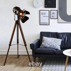 Vintage Black Wood Tripod Floor Lamp for Living Room, Modern Industrial Metal Na