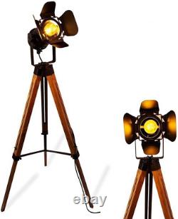 Vintage Black Wood Tripod Floor Lamp for Living Room, Modern Industrial Metal Na