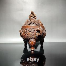 Vintage Boxwood Chinese Brown Tripod Censer buddha incense holder dragon statue