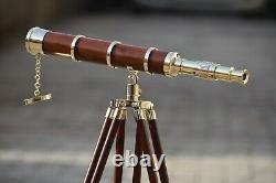 Vintage Brass 32 Telescope With Wooden Tripod Stand Nautical Decor Gift Item
