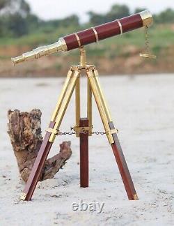 Vintage Brass 32 Telescope With Wooden Tripod Stand Nautical Decor Gift Item