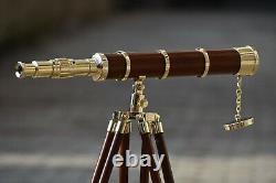 Vintage Brass 32 Telescope With Wooden Tripod Stand Nautical Decor Gift Item