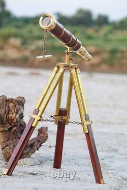 Vintage Brass 32 Telescope With Wooden Tripod Stand Nautical Decor Gift Item