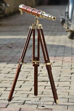 Vintage Brass 32 Telescope With Wooden Tripod Stand Nautical Decor Gift Item