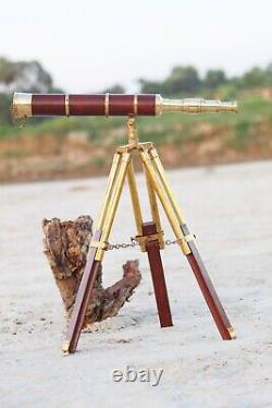 Vintage Brass 32 Telescope With Wooden Tripod Stand Nautical Decor Gift Item
