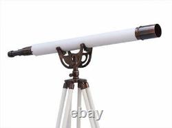 Vintage Brass Antique 42 Inches Telescope With White Wooden Tripod Stand