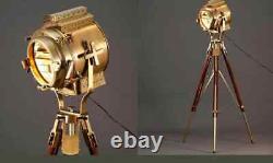 Vintage Brass Antique Large Tripod Floor Lamp Spotlight Searchlight Wooden Antiq