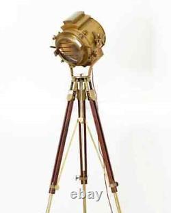 Vintage Brass Antique Large Tripod Floor Lamp Spotlight Searchlight Wooden Antiq