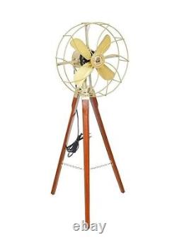 Vintage Brass Antique Tripod Floor Fan With Wooden Stand Home Décor