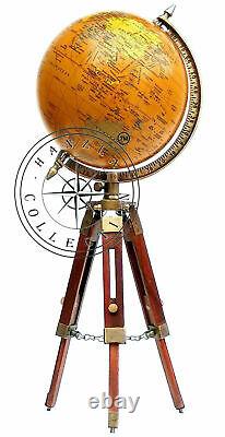 Vintage Brass Antique World Map Table Tripod GLOBE ORNAMENT With Wooden Stand