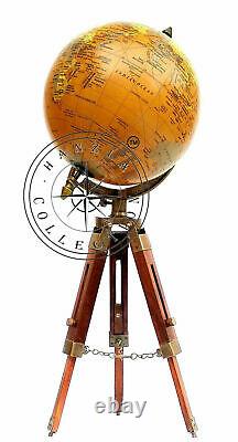 Vintage Brass Antique World Map Table Tripod GLOBE ORNAMENT With Wooden Stand