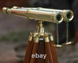 Vintage Brass Binoculars 20X on Wooden Tripod Nautical Floor Standing Telescope